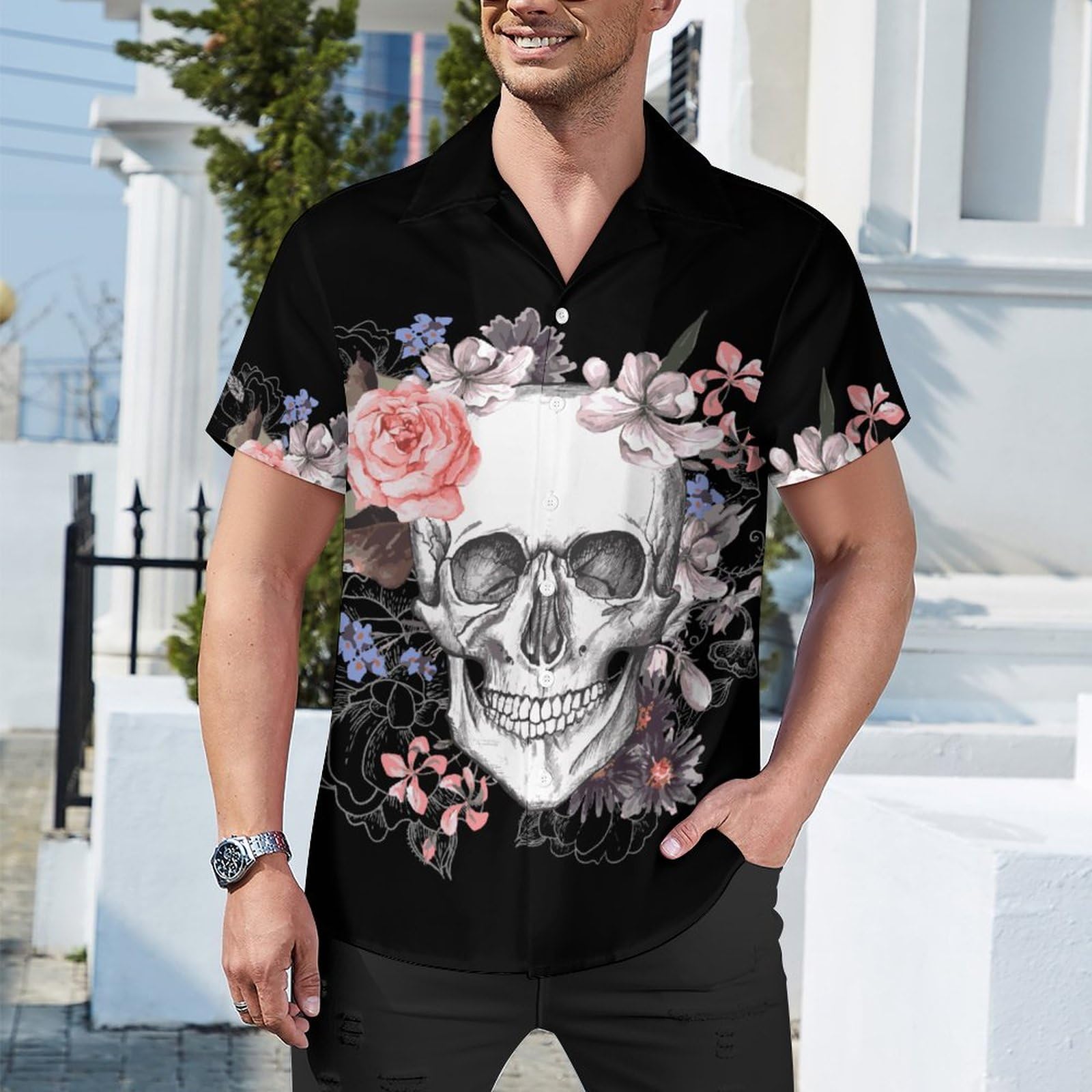 総柄シャツ 半袖 大きいサイズ メンズ 開襟シャツ ドクロ ED HARDY